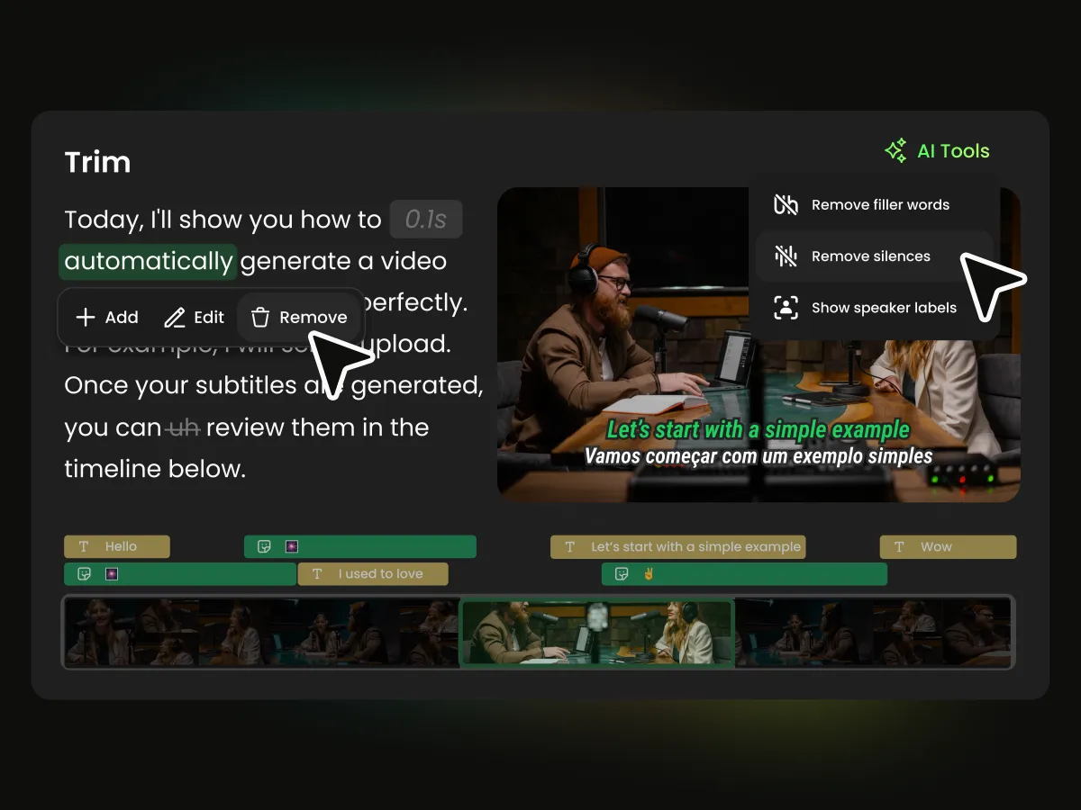 Text-based video editing interface where deleting transcript text automatically cuts the video segment
